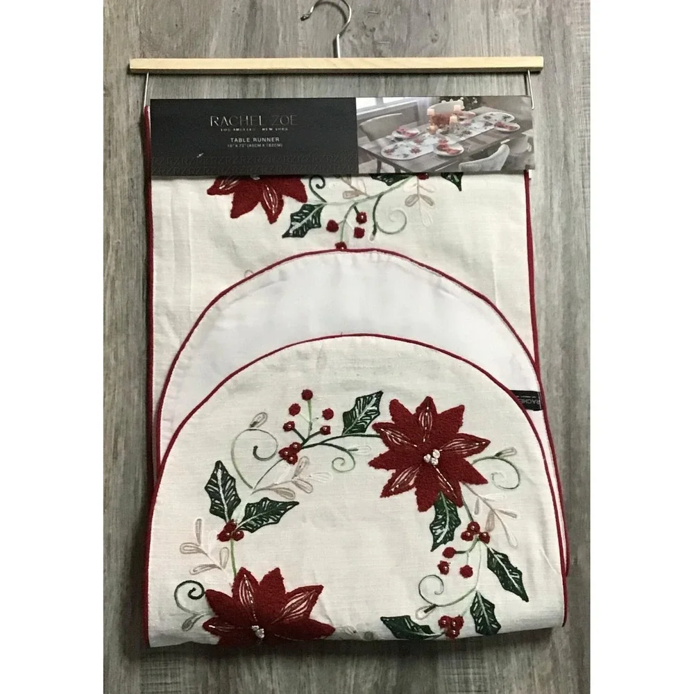 Rachel Zoe Christmas Table Runner Poinsettia Beaded Embroidered 16x72 Holiday